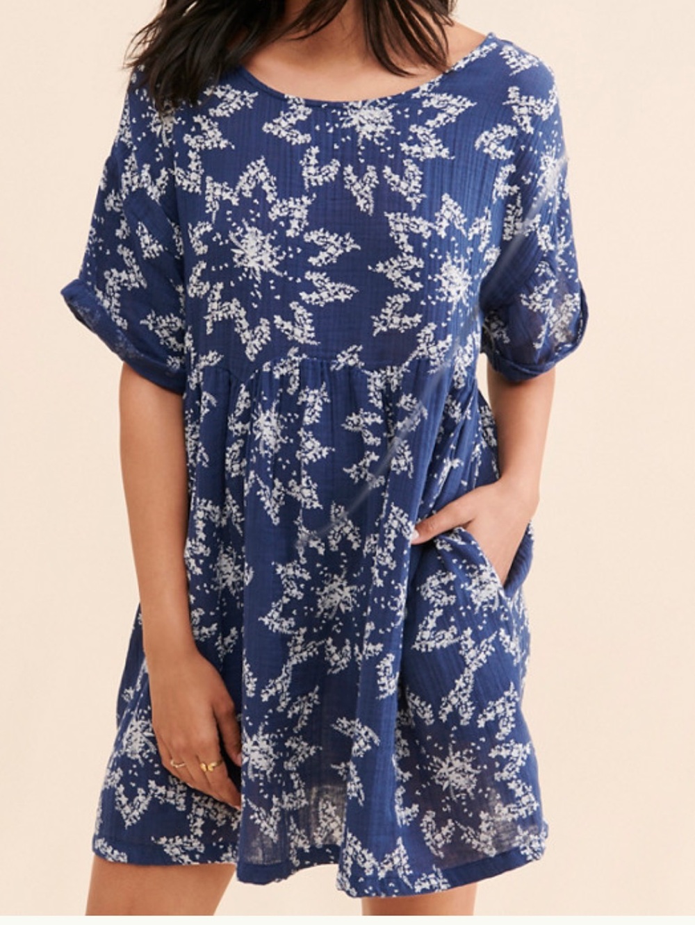 Free People S blue w/white print Belezza babydoll dress w/ pockets